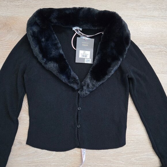 House of CB Blanche Black Faux Fur Trim Cropped Cardigan Medium New With Tags - Picture 9 of 17